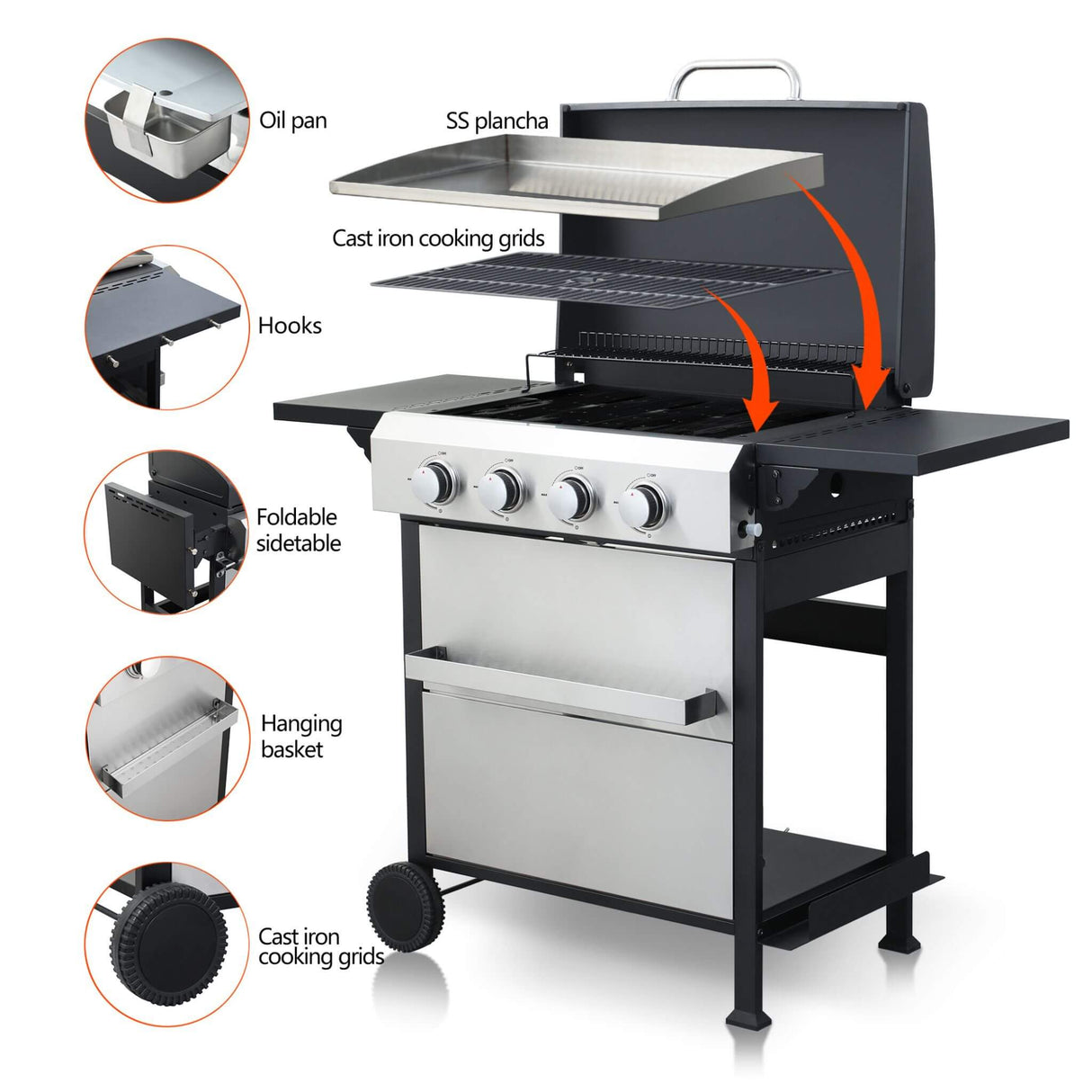 Premium Outdoor 4-Burner Propane BBQ Grill With Foldable Side Tables, Hanging Basket, And Cooking Grids (SAK53213)