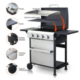 Premium Outdoor 4-Burner Propane BBQ Grill With Foldable Side Tables, Hanging Basket, And Cooking Grids (SAK53213)