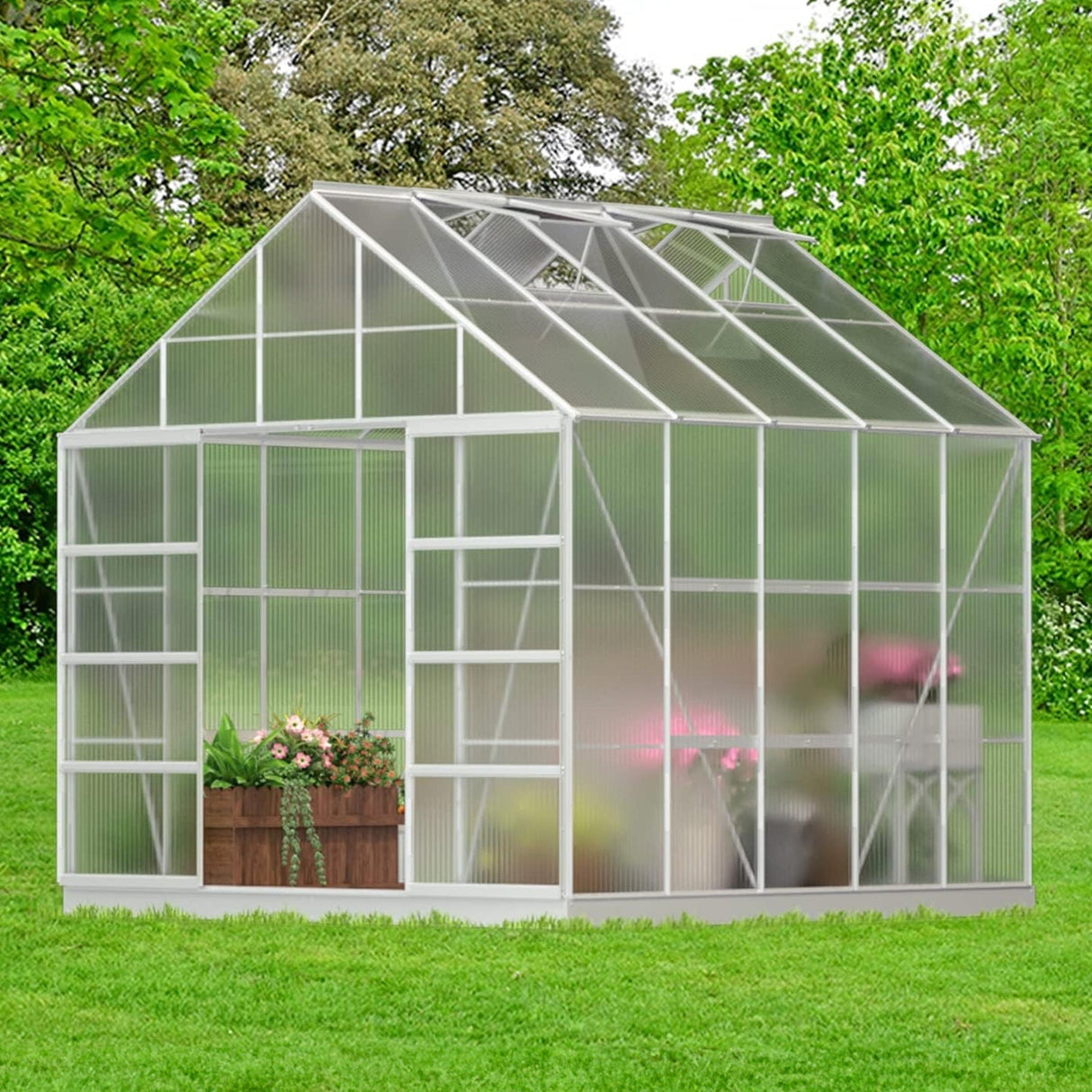 [10X10FT] Premium Outdoor Aluminum Walk-In Greenhouse With Polycarbonate Panels & Sliding Doors (94638275)