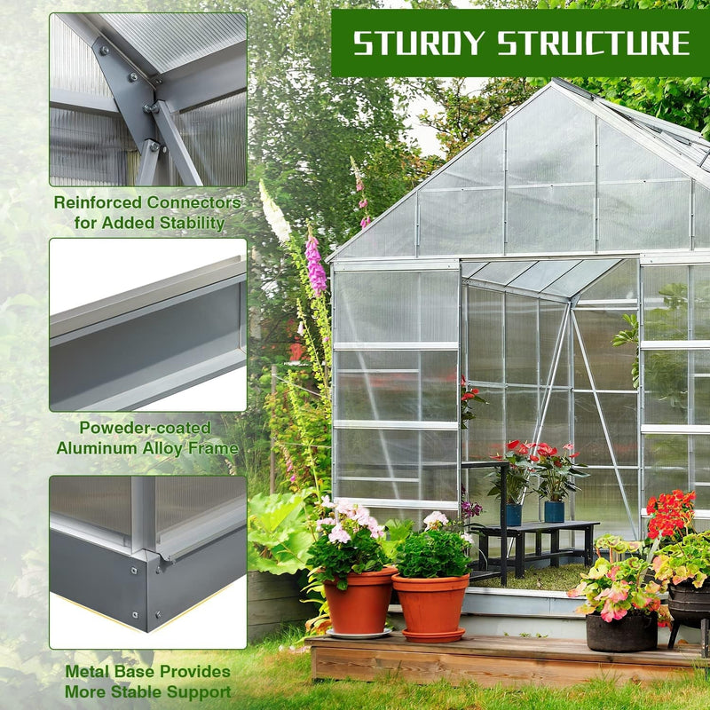 [10x10FT] Premium Outdoor Aluminum Walk-In Greenhouse With Polycarbonate Panels & Sliding Doors (94638275)