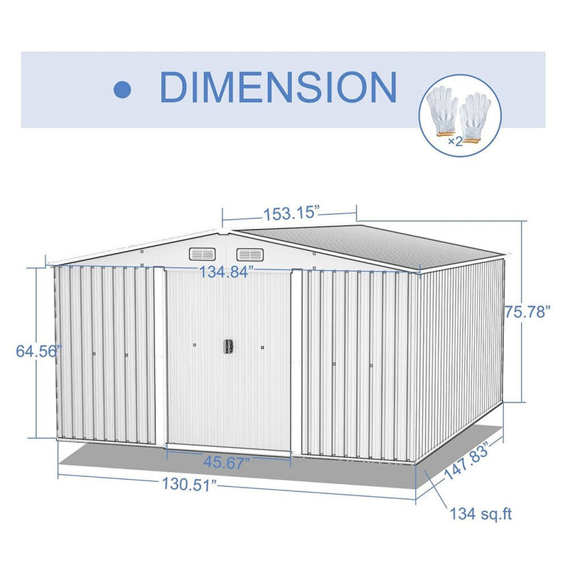 Premium Outdoor Galvanized Steel Backyard Storage Shed W/ Dual Lockable Sliding Doors, 11x13' (95382641)