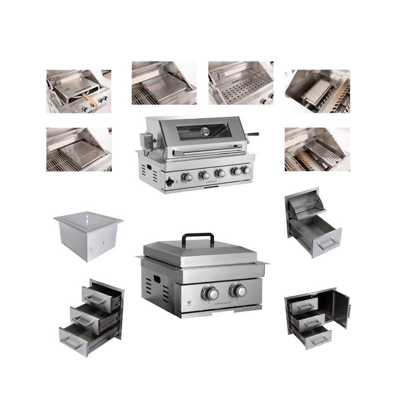 Premium Outdoor Kitchen With 32 Inch 60000 BTU Built-In Stainless Steel LPG Gas Grill, Door And Drawer Combo And Stainless Steel Ice Box (SAK98661)