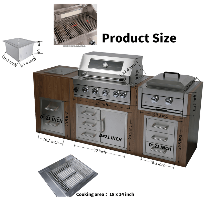 Premium Outdoor Kitchen With 32 Inch 60000 BTU Built-In Stainless Steel LPG Gas Grill, Door And Drawer Combo And Stainless Steel Ice Box (SAK98661)