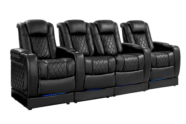 Valencia Tuscany Leather Home Theater Seating with Risers Row of 4 Loveseat Center, Midnight Black