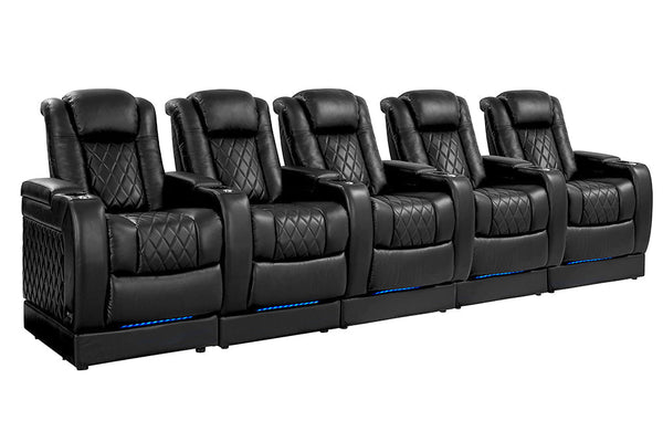 Valencia Tuscany Leather Home Theater Seating with Risers Row of 5, Midnight Black