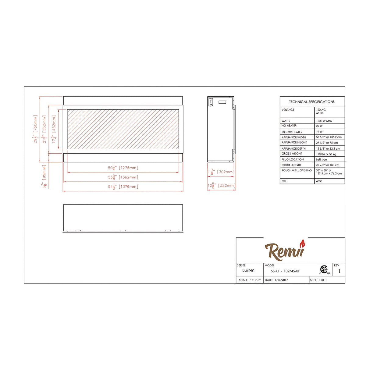 Remii Extra Tall 55" Electric Fireplace With Remote Control [102755-XT] (SAK25578)