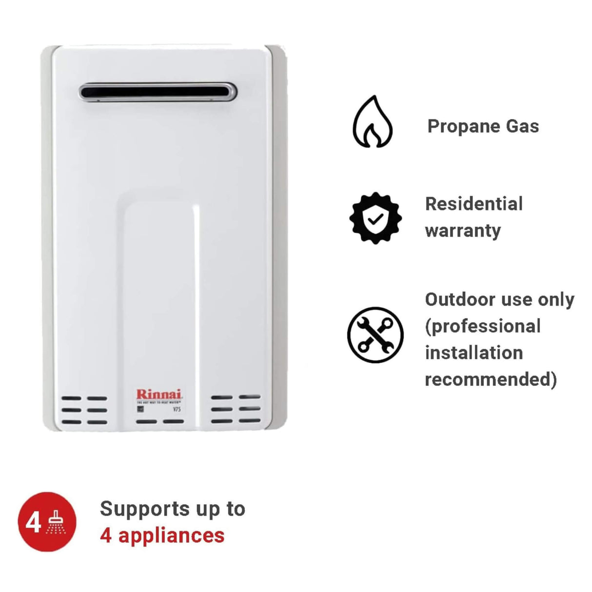 Rinnai HE 7.5 GPM Residential Outdoor Propane Non Condensing Tankless Water Heater [351-V75EP] (SAK28107)