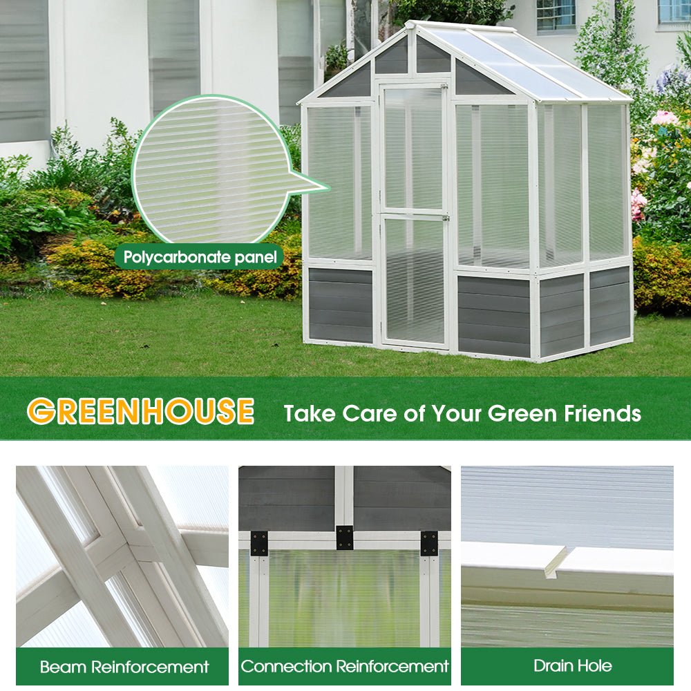 Outdoor Walk-In Polycarbonate Garden Greenhouse With Drain Holes, 4x6FT (SAK51873)