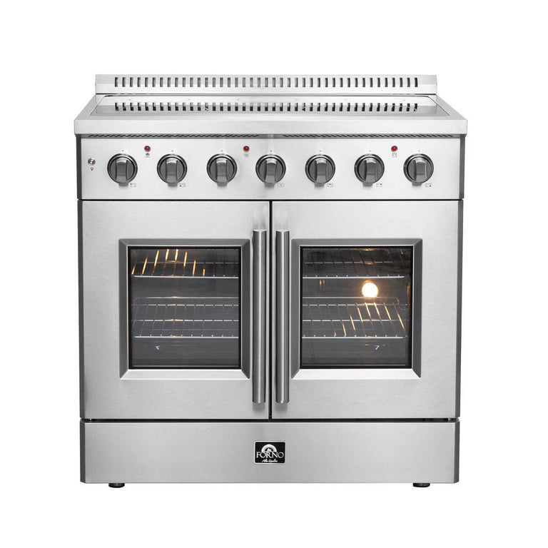 FORNO Package - 36" Electric French Door Range, Wall Mount Range Hood, Refrigerator and Dishwasher, AP-FFSEL6917-36-4PK-1