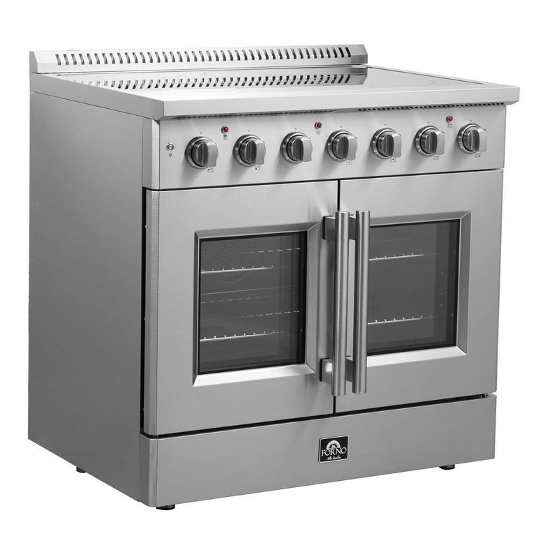 FORNO Package - 36" Electric French Door Range, Wall Mount Range Hood, Refrigerator and Dishwasher, AP-FFSEL6917-36-4PK-1