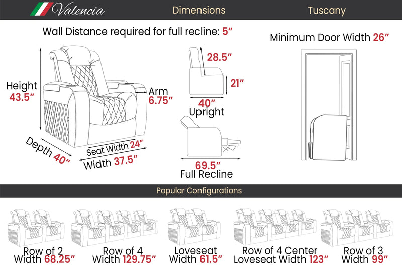 Valencia 2025 New Tuscany Leather Home Theater Seating Row of 4 Loveseat Left, Midnight Black