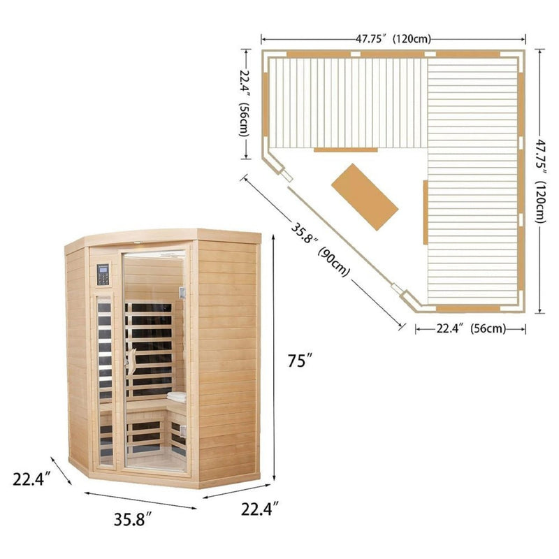Premium 2-Person Corner Space Infrared Wooden Sauna Room With Bluetooth Speakers, 1600W (SAK81524)
