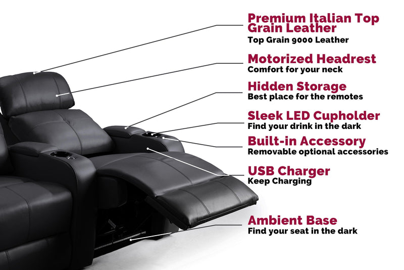 Valencia Verona Single Leather Home Theater Seating Power Headrest, Black