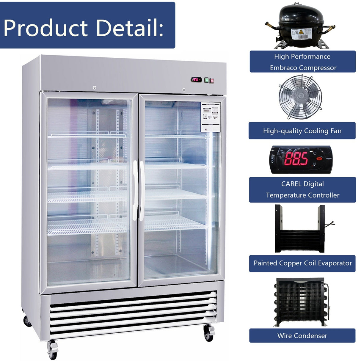 54"W Commercial Refrigerator 42 cu. ft. 2 Glass Door Reach In Refrigerator