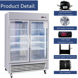 54"W Commercial Refrigerator 42 cu. ft. 2 Glass Door Reach In Refrigerator