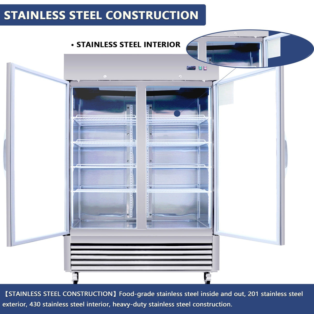 54"W Commercial Refrigerator 42 cu. ft. 2 Glass Door Reach In Refrigerator