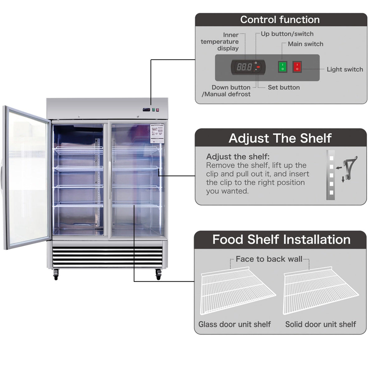 54"W Commercial Refrigerator 42 cu. ft. 2 Glass Door Reach In Refrigerator