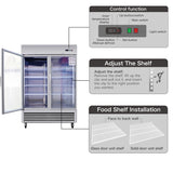 54"W Commercial Refrigerator 42 cu. ft. 2 Glass Door Reach In Refrigerator