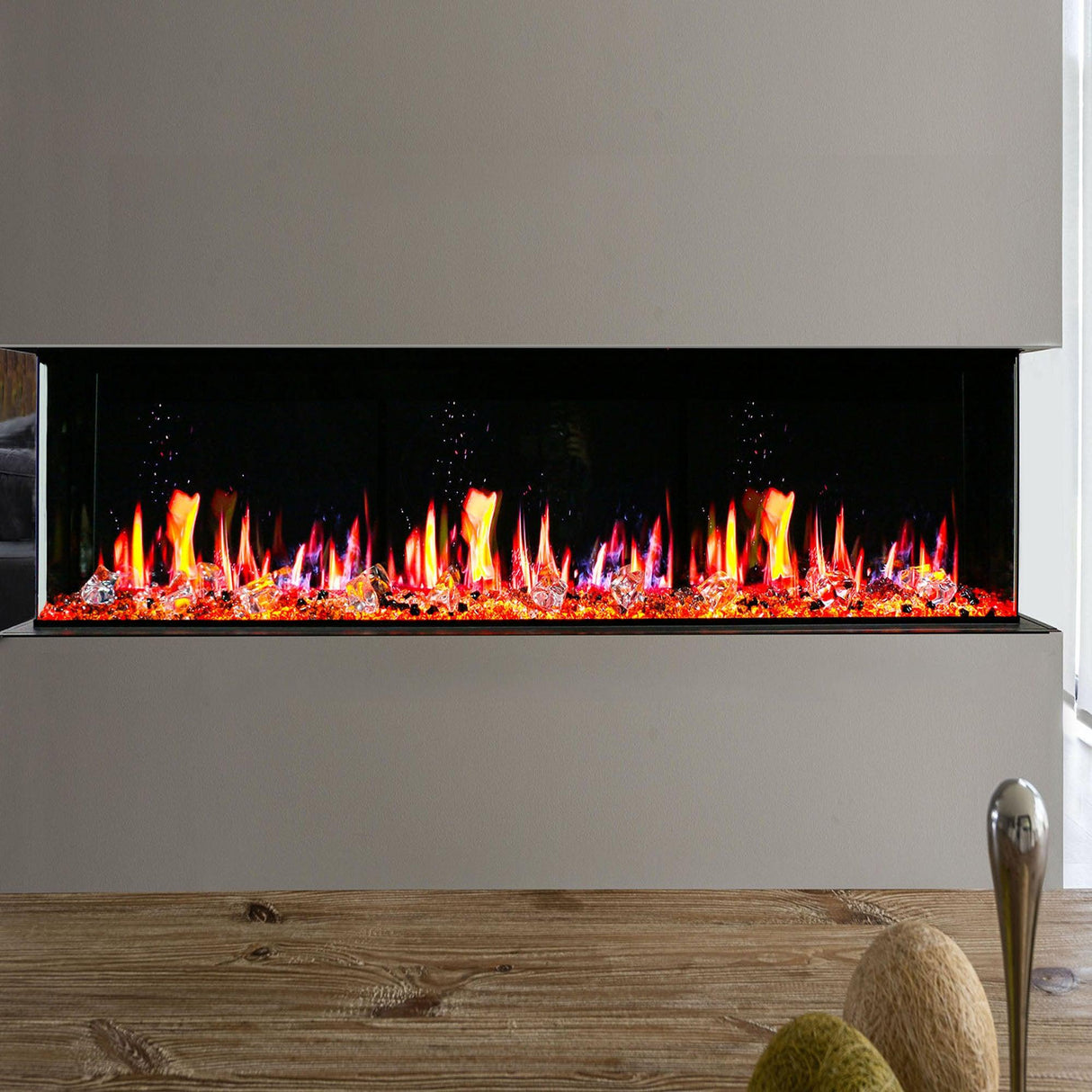 2025 New 2025 Warmcastle 60-Inch 3-Sided Smart Electric Fireplace with Crackling Sounds, App Control, Driftwood Logs, Reflective Fire Glass Amber (Model: ZEF60TA)