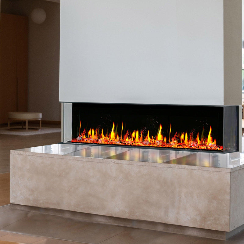 2025 New 2025 Warmcastle 60-Inch 3-Sided Smart Electric Fireplace with Crackling Sounds, App Control, Driftwood Logs, Reflective Fire Glass Amber (Model: ZEF60TA)
